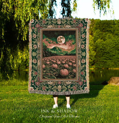 Magic Aesthetic Full Moon Woven Throw | Whimsical Autumn Aesthetic Crowcore Pumpkin Tapestry Rustic Halloween Fall Gothic Witchy Academia