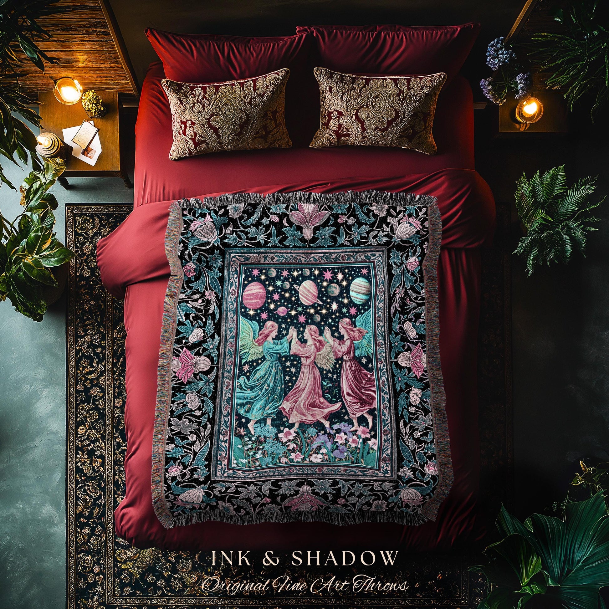 Witchy Celestial Angels Throw Blanket | Astrology Inspired Cosmic Woven Wall Tapestry Whimsical Eclectic Home Decor Fairycore Bohemian Style