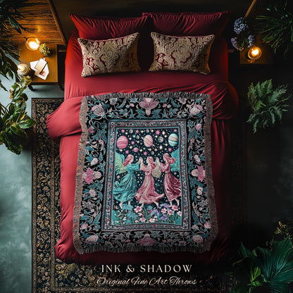 Witchy Celestial Angels Throw Blanket | Astrology Inspired Cosmic Woven Wall Tapestry Whimsical Eclectic Home Decor Fairycore Bohemian Style