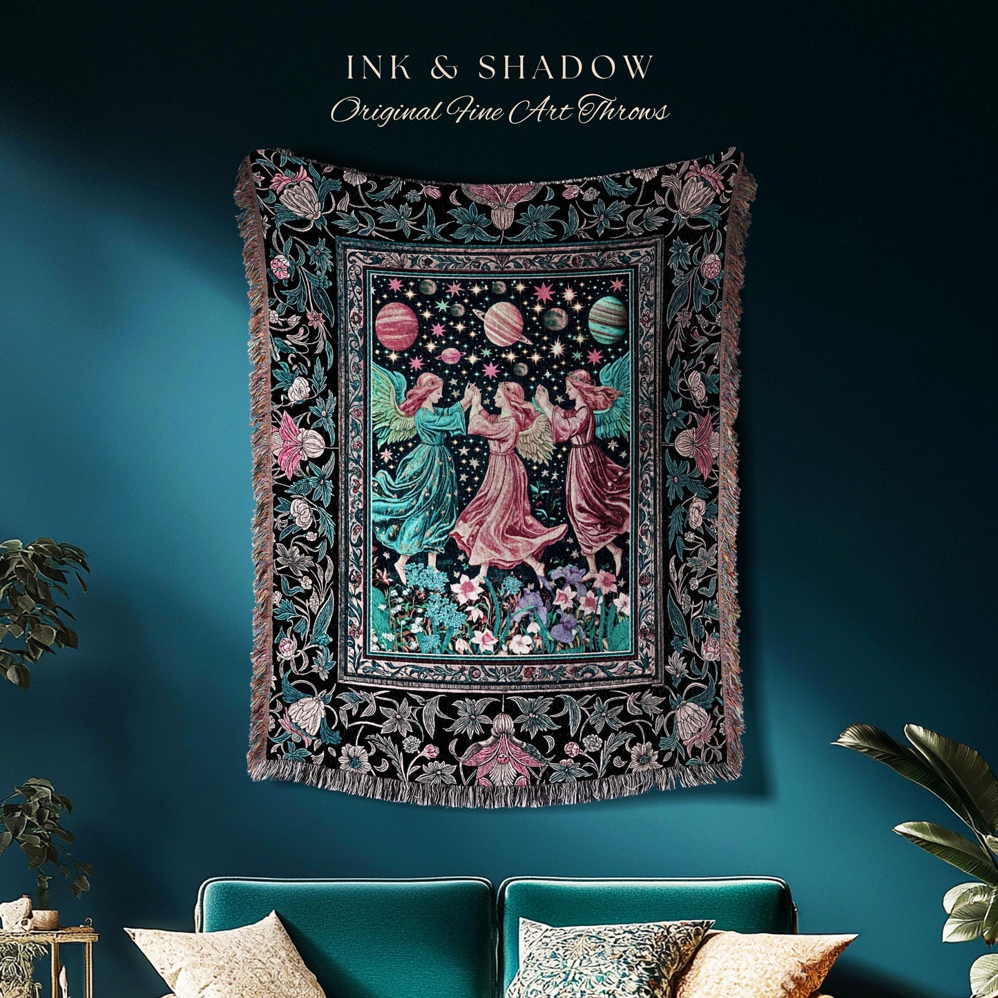 Witchy Celestial Angels Throw Blanket | Astrology Inspired Cosmic Woven Wall Tapestry Whimsical Eclectic Home Decor Fairycore Bohemian Style