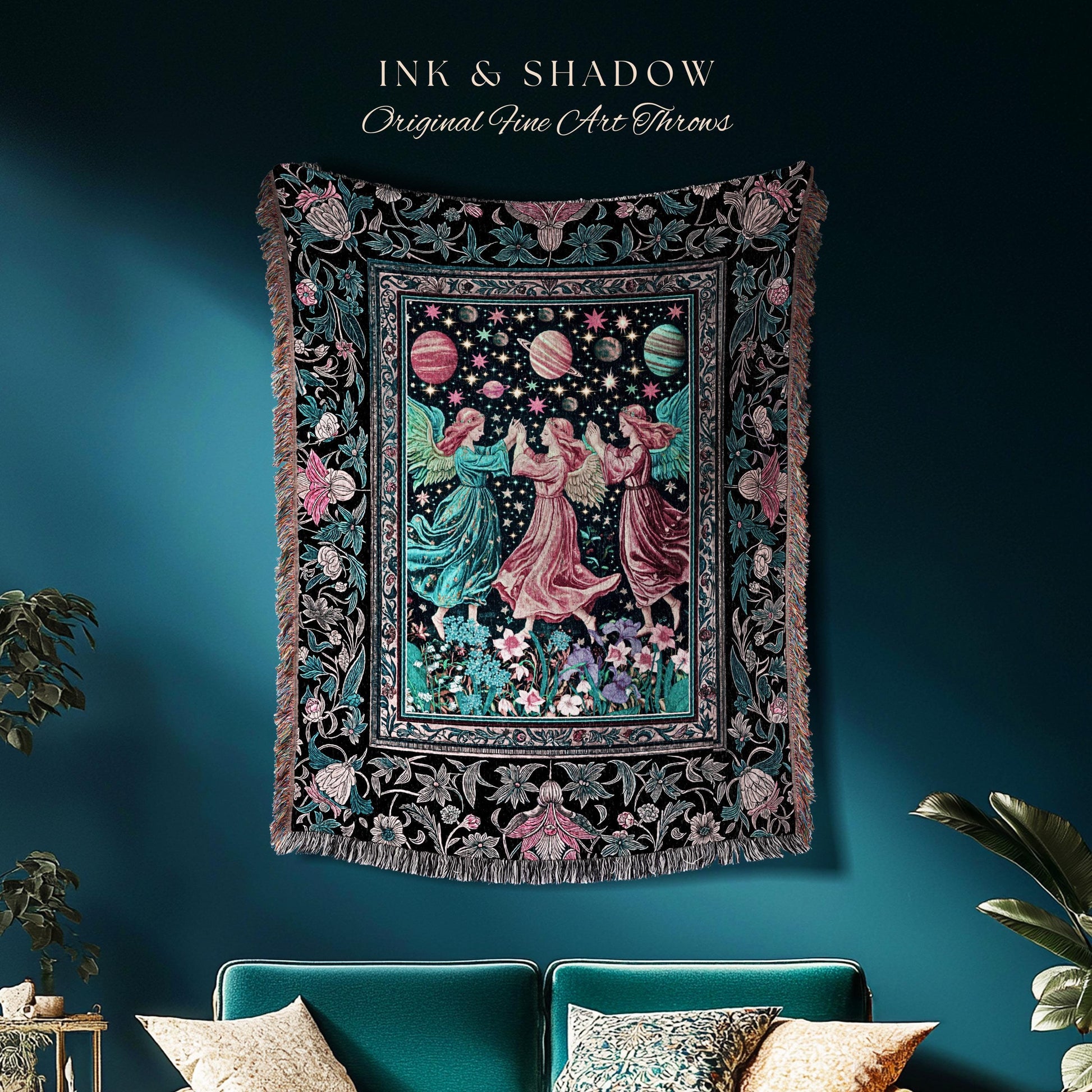 Witchy Celestial Angels Throw Blanket | Astrology Inspired Cosmic Woven Wall Tapestry Whimsical Eclectic Home Decor Fairycore Bohemian Style