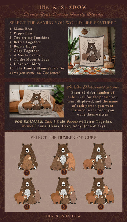 Personalized Mama Bear and Cubs Family Woven Blanket Keepsake | Custom Mom Gift from Kids Woven Throw Tapestry with Names Cherished Memories