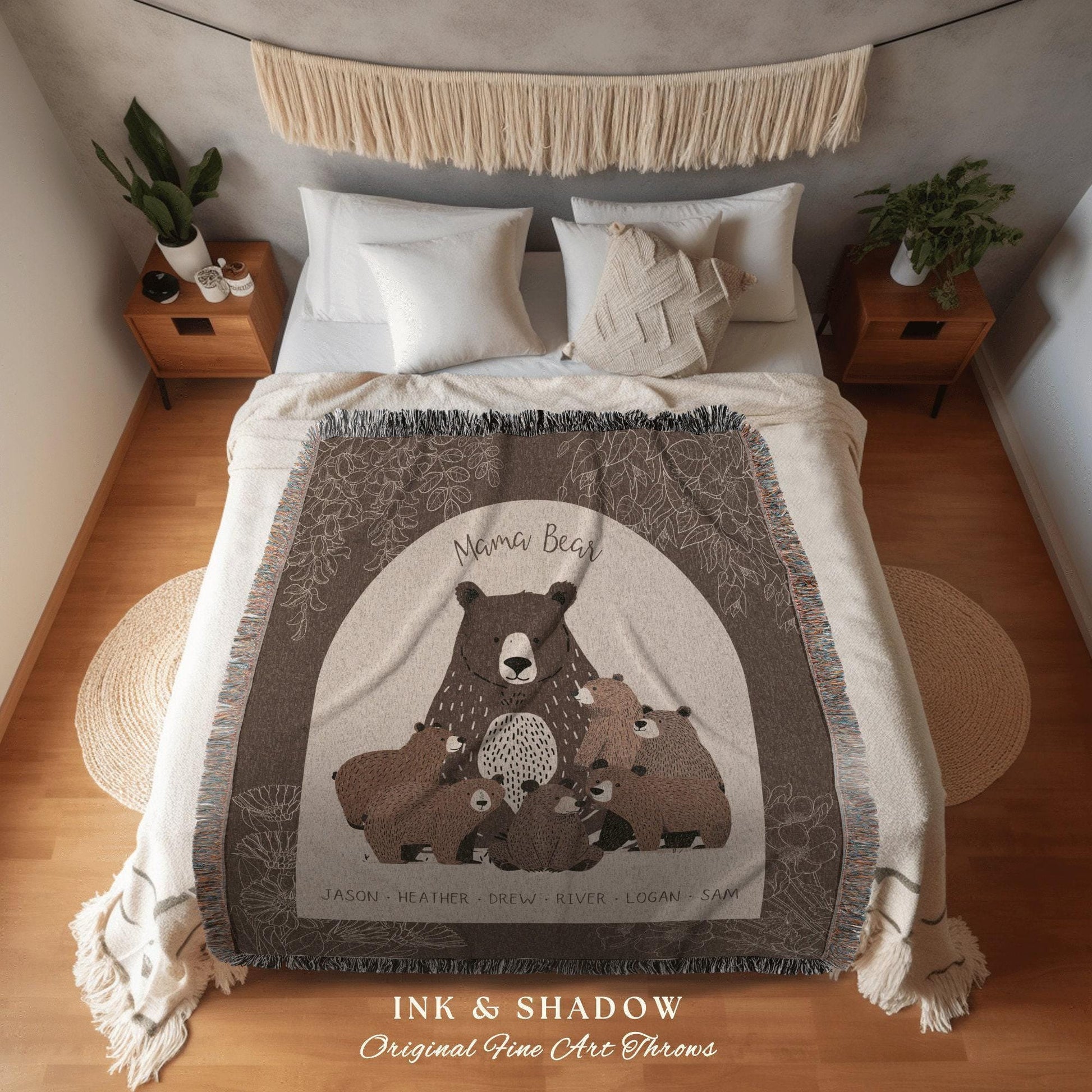 Personalized Mama Bear and Cubs Family Woven Blanket Keepsake | Custom Mom Gift from Kids Woven Throw Tapestry with Names Cherished Memories