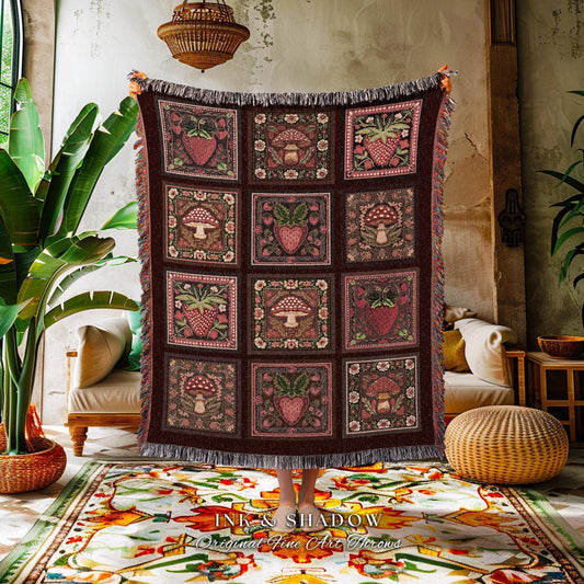Cottagecore Red Strawberry Mushroom Blanket Cozy Whimsical Throw Farmhouse Decor | Retro Maximalist Berry Fungi Vintage Aesthetic Home Gift