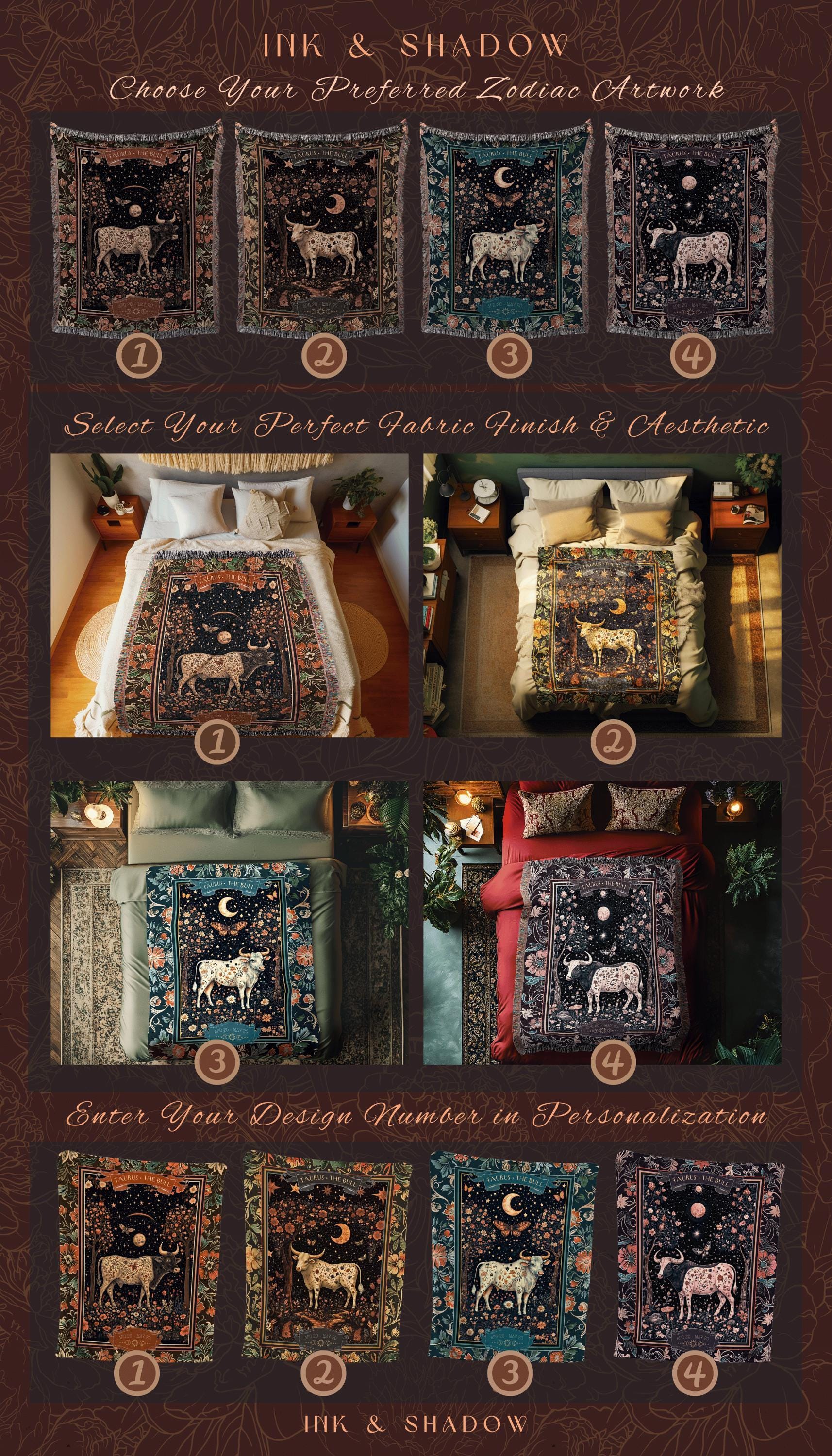 Victorian Gothic Taurus Zodiac Blanket Celestial Birthday Tapestry, The Bull Astrology Art Throw Baroque Romanticism Earth Sign Floral Decor