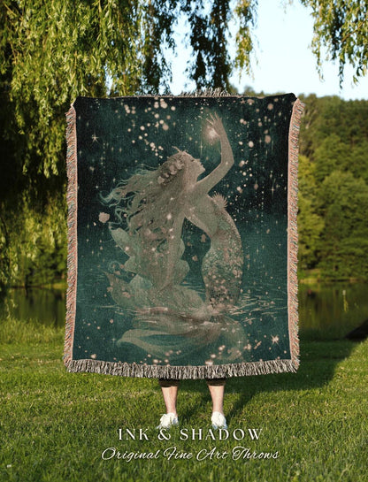 Sea Fairy Woven Tapestry | Mermaid Aesthetic Bedroom Celestial Witch Blanket Fairycore Decor Art Nouveau Fairy Decor Dark Academia Throw
