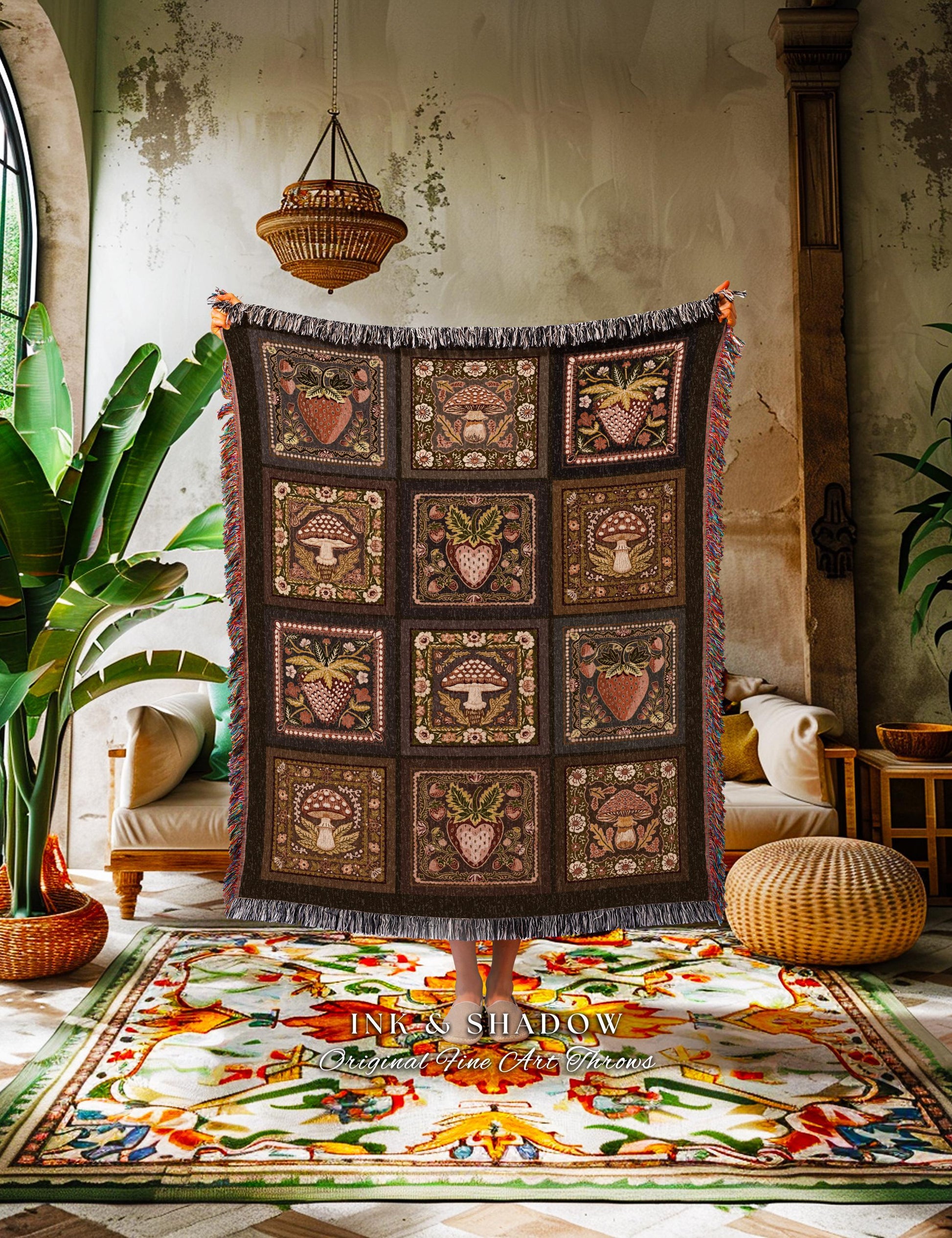 Rustic Bohemian Strawberry & Mushroom Blanket Cottagecore Folk Art Tapestry Throw | Vintage Country Cottage Cozy Whimsical Farmhouse Decor