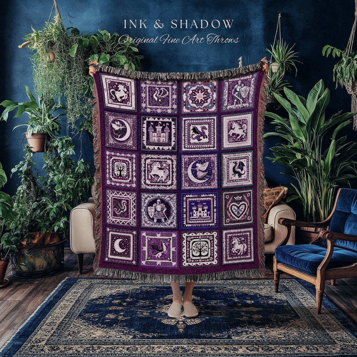 Royal Purple Castlecore Woven Blanket | Medieval Cottagecore Woodland Ethereal Fairytale Boho Retro Storybook Vintage Aesthetic Cozy Throw
