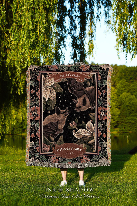 Folklore Aesthetic Bat Blanket Custom | Celestial Bat Couple Gothic Wedding Tapestry 'The Lovers' Blanket Gift for Goth Couples Dark Floral