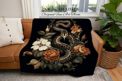 Snake Decor Desert Rose Tapestry Woven | Dark Academia Aesthetic Occult Decor Blanket Woven | Serpent Art Tapestry Gothic Room Decor Macabre