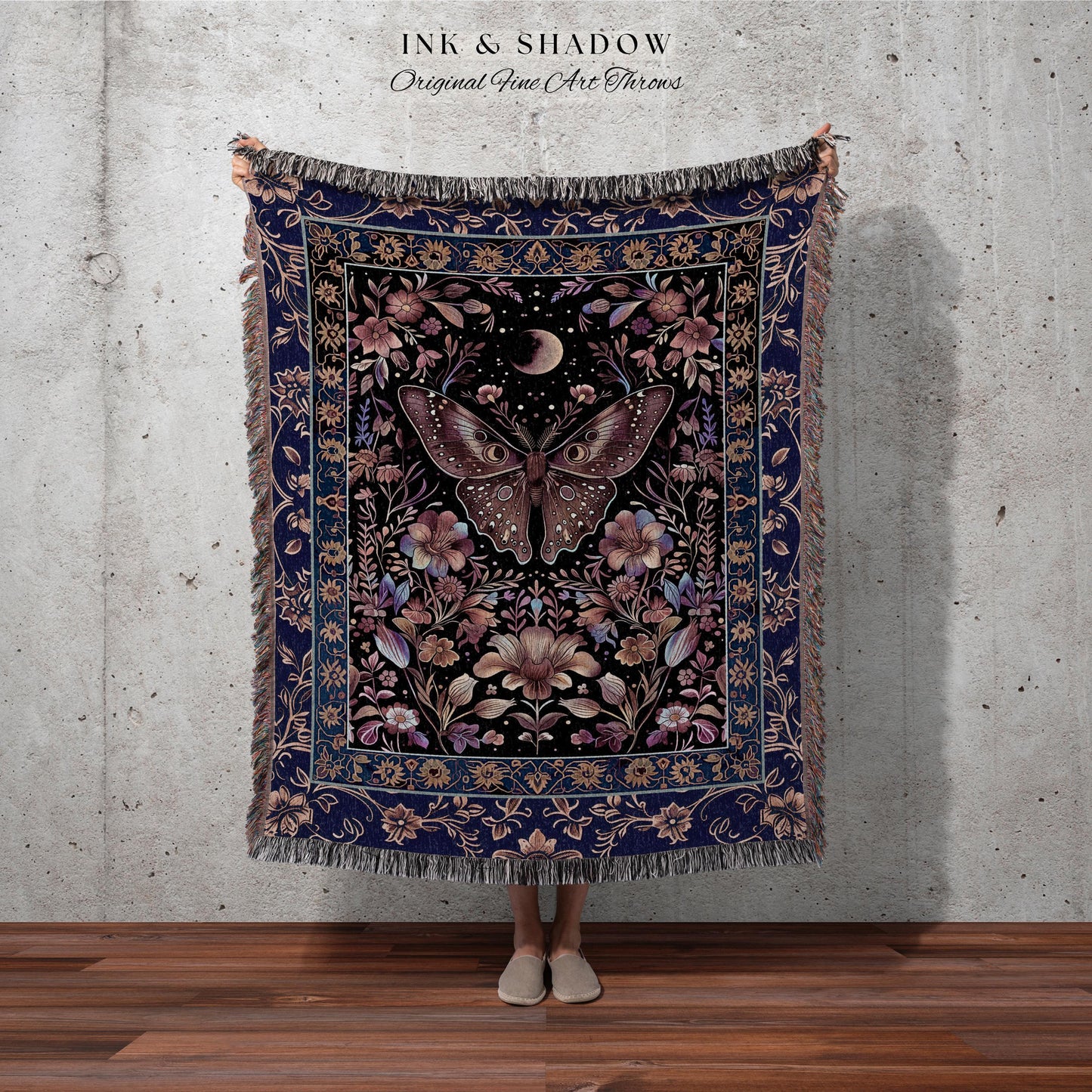 Witchy Botanical Moth Blanket Whimsigothic Purple Floral Fairycore Aesthetic | Gothic Cottagecore Butterfly Celestial Whimsy Tapestry Throw