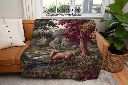 Moody Woodland Deer Landscape Tapestry Blanket | Folklore Woodland Woven Throw Morris Inspired Dark Academia Mystical Forest Victorian Decor