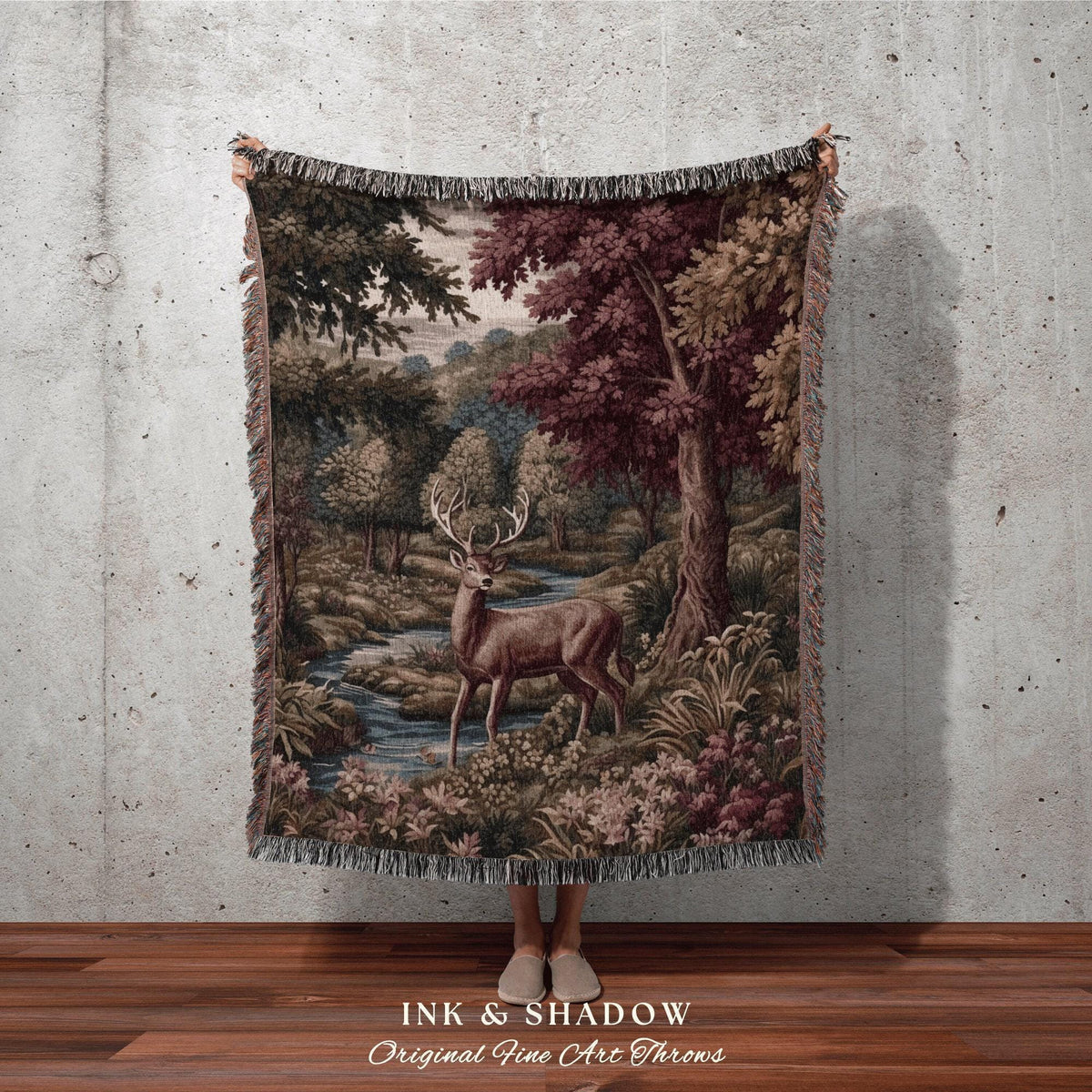 Moody Woodland Deer Landscape Tapestry Blanket | Folklore Woodland Woven Throw Morris Inspired Dark Academia Mystical Forest Victorian Decor