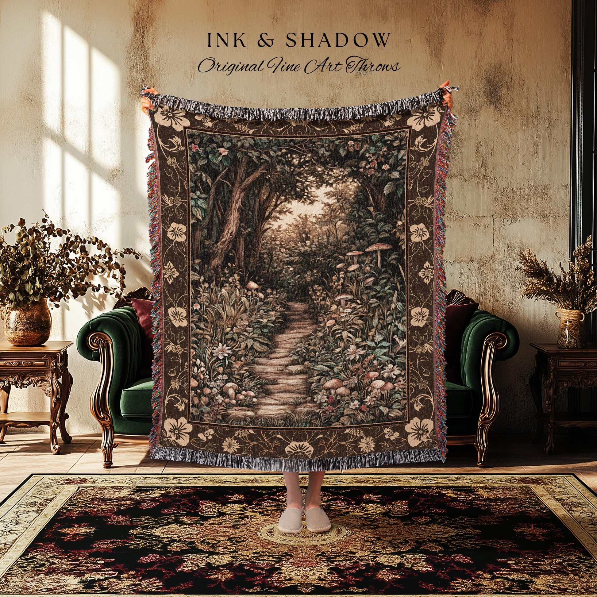 Mushroom Forest Magical Woodland Tapestry Blanket Ethereal Mystic Academia, Vintage Folklore Art Forest Fairycore Whimsigoth Medieval Throw