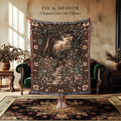 Mushroom Forest Magical Woodland Tapestry Blanket Ethereal Mystic Academia, Vintage Folklore Art Forest Fairycore Whimsigoth Medieval Throw