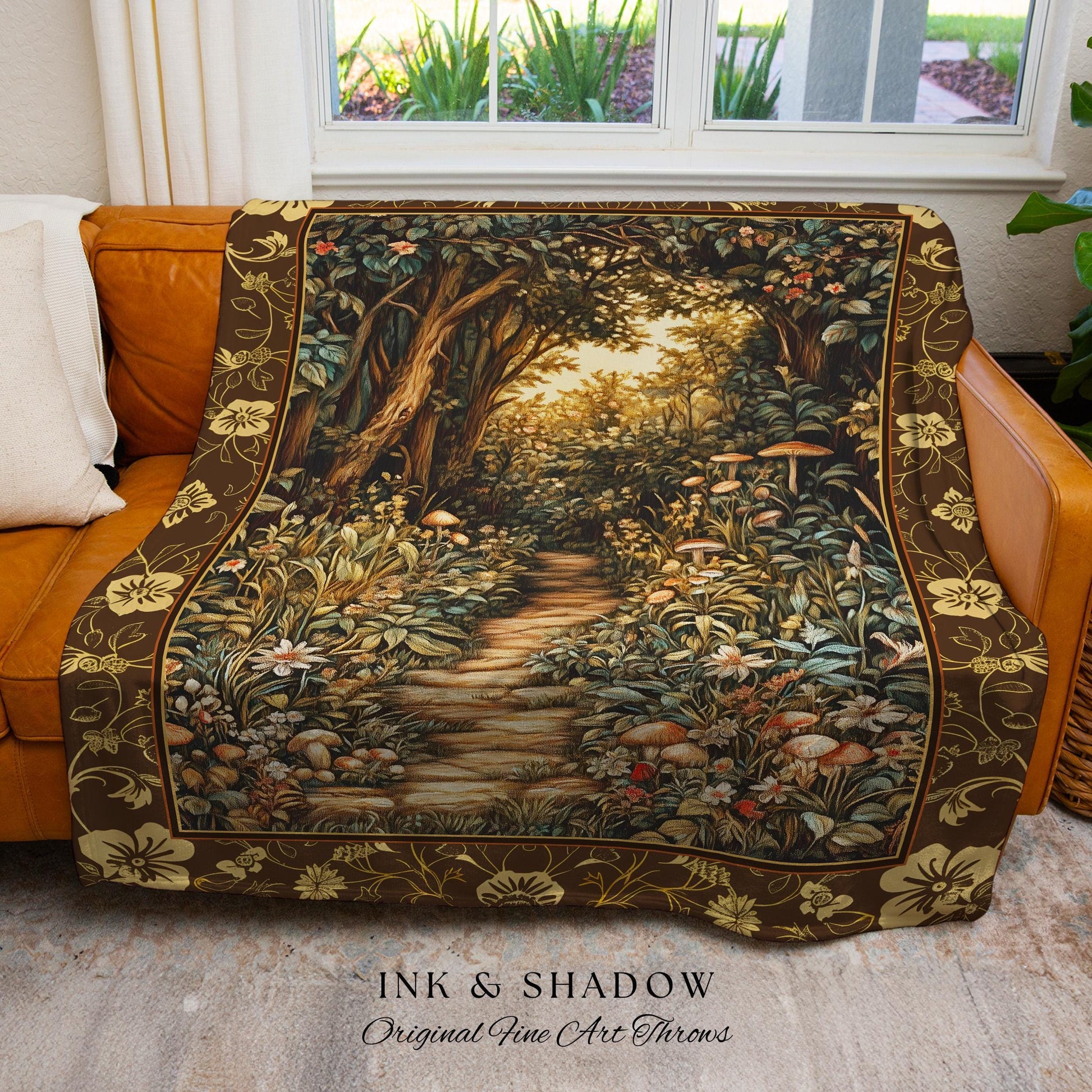 Mushroom Forest Magical Woodland Tapestry Blanket Ethereal Mystic Academia, Vintage Folklore Art Forest Fairycore Whimsigoth Medieval Throw