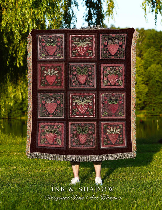 Dark Cottagecore Coquette Strawberry Tapestry Throw Victorian Gothic Decor | Vintage Aesthetic Retro Red Berry Checkered Blanket Woven Art
