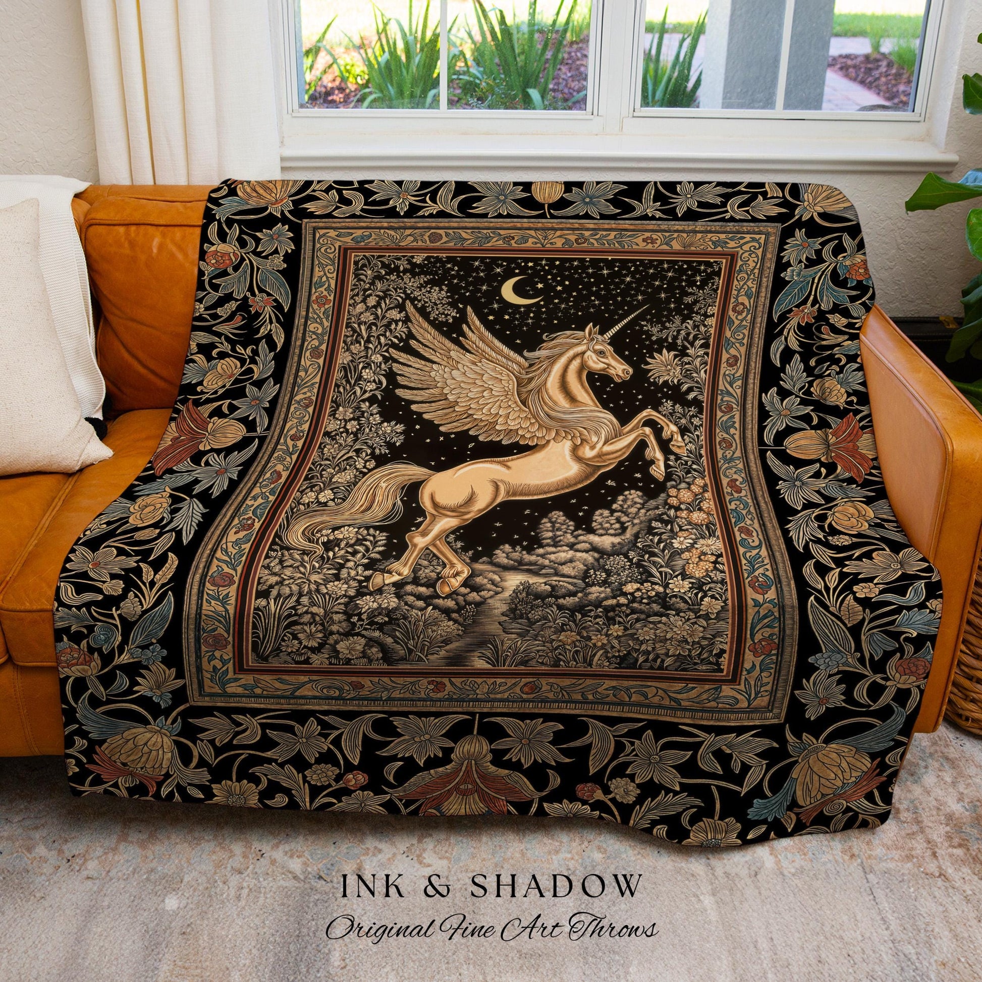 Golden Moon Regal Unicorn Tapestry | Forest Gothic Fairytale Woven Throw Blanket Pegasus Baroque Style Fantasy Decor Dreamy Cottagecore Boho