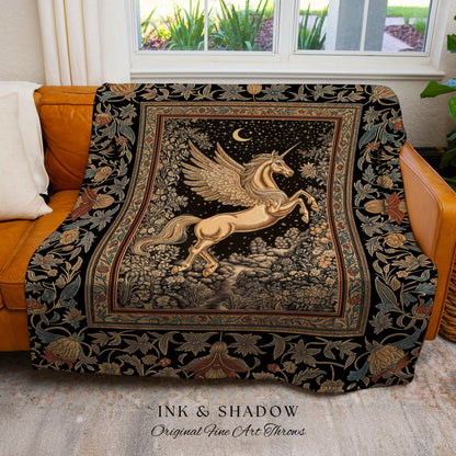 Golden Moon Regal Unicorn Tapestry | Forest Gothic Fairytale Woven Throw Blanket Pegasus Baroque Style Fantasy Decor Dreamy Cottagecore Boho