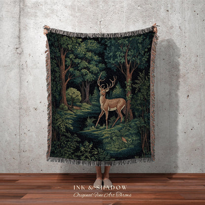 Folklore Aesthetic Blanket Woven | Folk Art Blanket Woven Tapestry William Morris Throw Dark Woodland Decor Medieval Aesthetic Fairycore Art