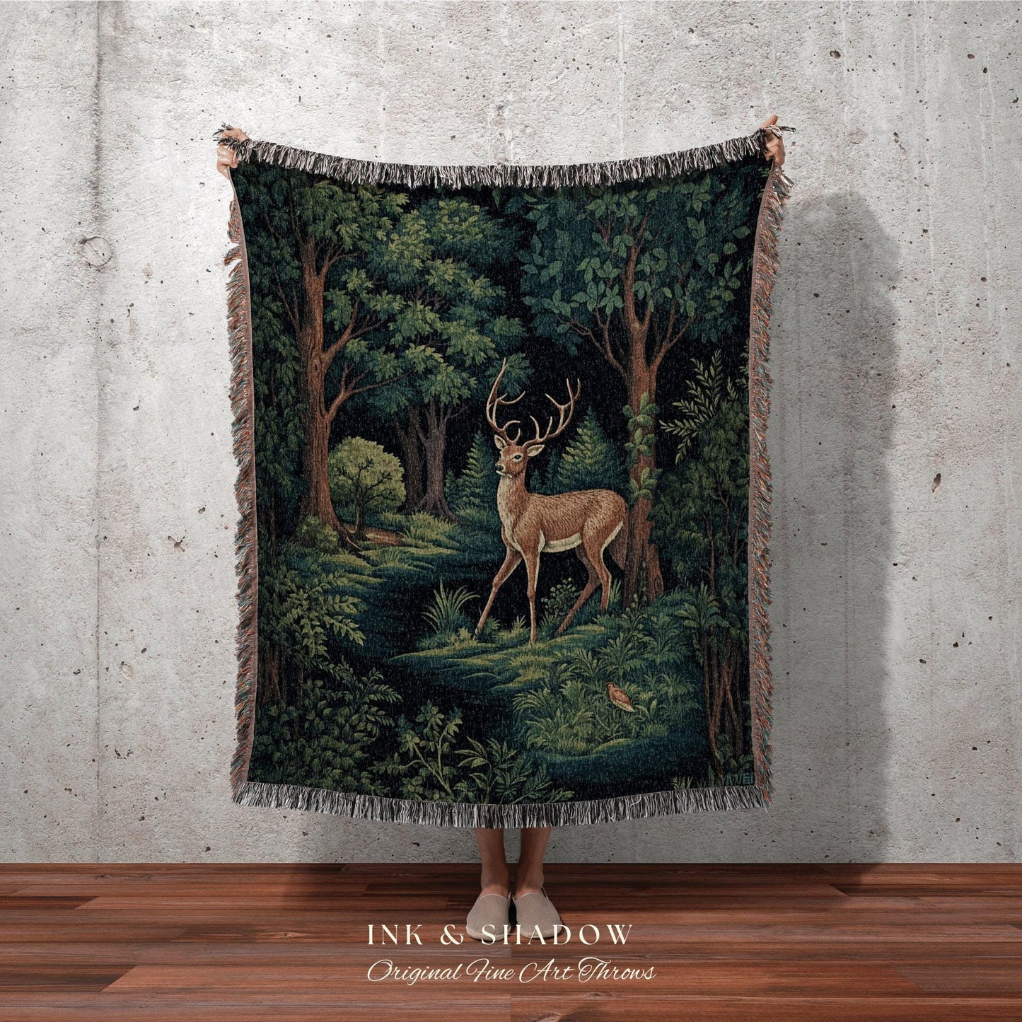 Folklore Aesthetic Blanket Woven | Folk Art Blanket Woven Tapestry William Morris Throw Dark Woodland Decor Medieval Aesthetic Fairycore Art