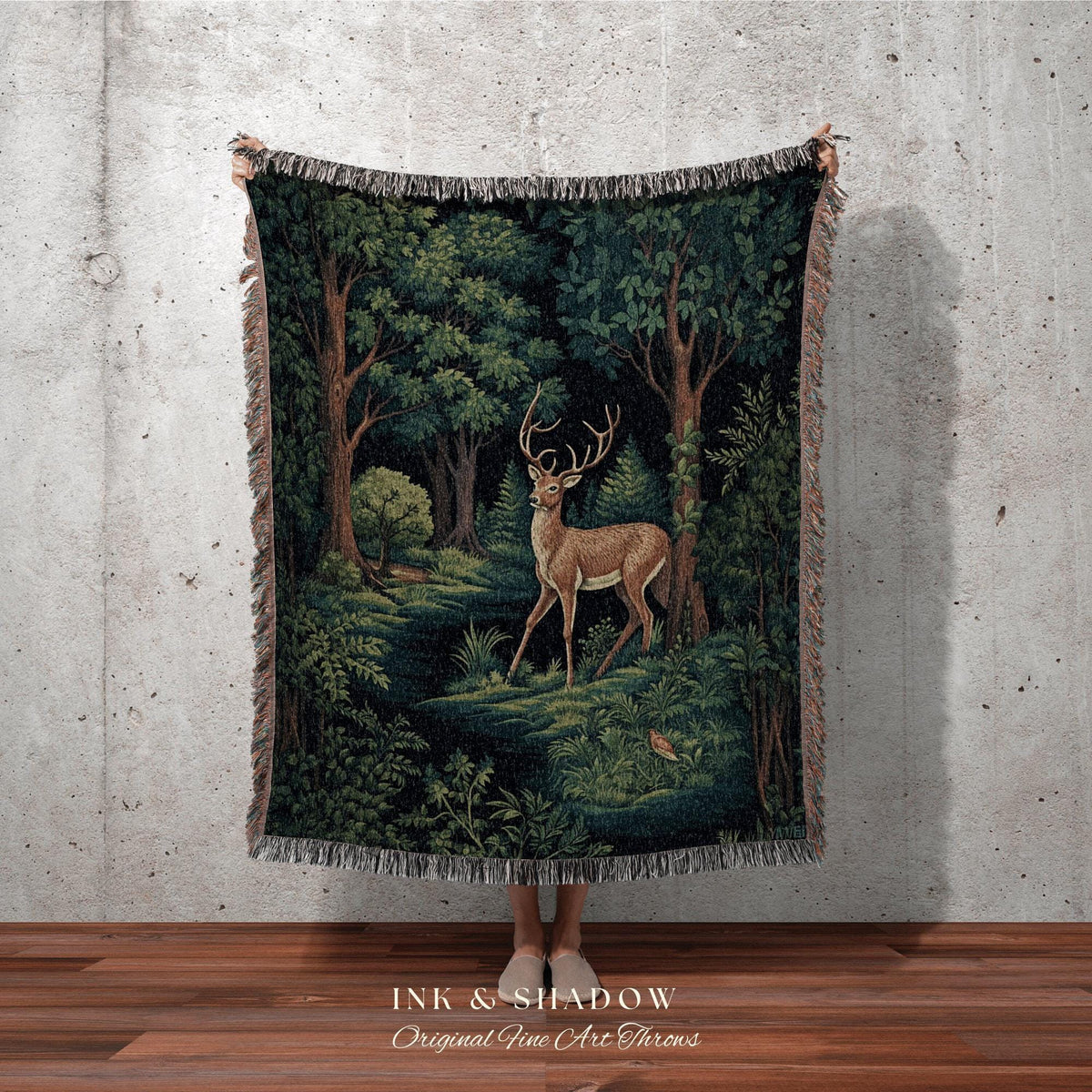 Folklore Aesthetic Blanket Woven | Folk Art Blanket Woven Tapestry William Morris Throw Dark Woodland Decor Medieval Aesthetic Fairycore Art