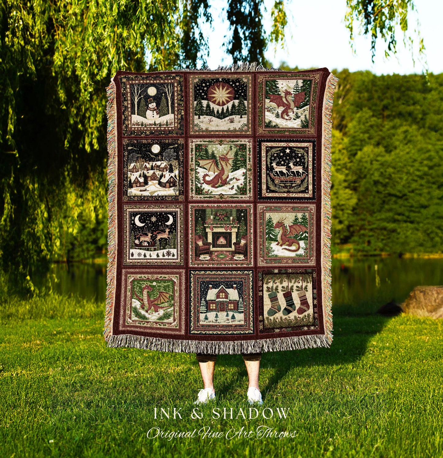 Enchanted Festive Dragon Blanket | Cozy Holiday Cottagecore Decor Boho Whimsical Reindeer Woven Tapestry Nostalgic Seasonal Home Accent |
