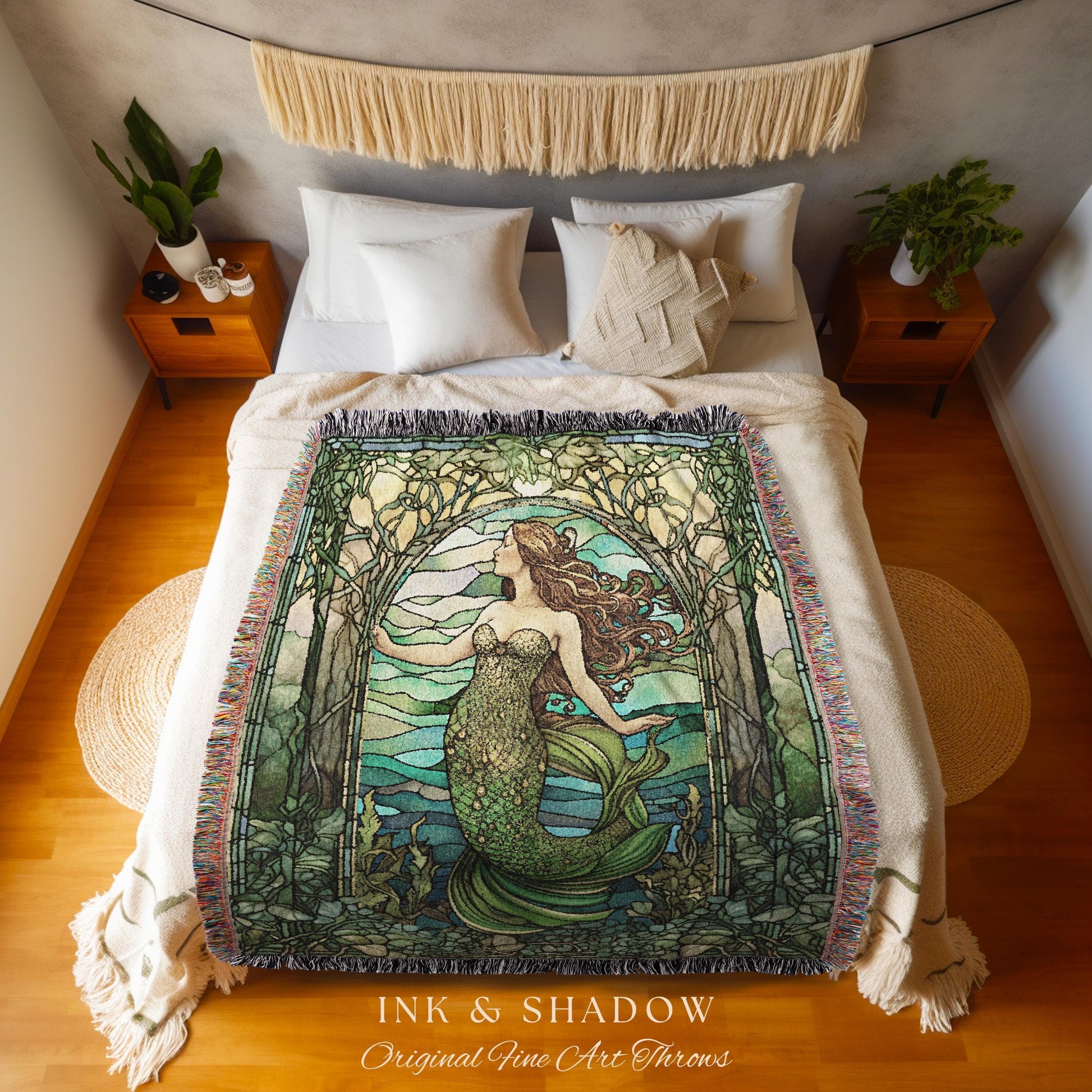 Art Nouveau Mermaid Blanket | Celestial Mermaid Dark Cottagecore Decor Art Nouveau Tapestry Woven Blanket Mermaidcore Decor Stained Glass |