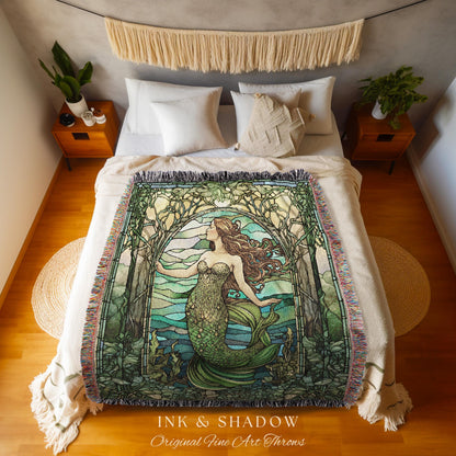 Art Nouveau Mermaid Blanket | Celestial Mermaid Dark Cottagecore Decor Art Nouveau Tapestry Woven Blanket Mermaidcore Decor Stained Glass |