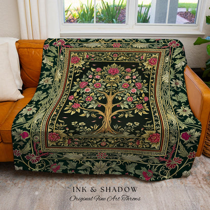 Rosy Botanical Rustic Tree Throw Blanket Woven Cotton Wall Tapestry