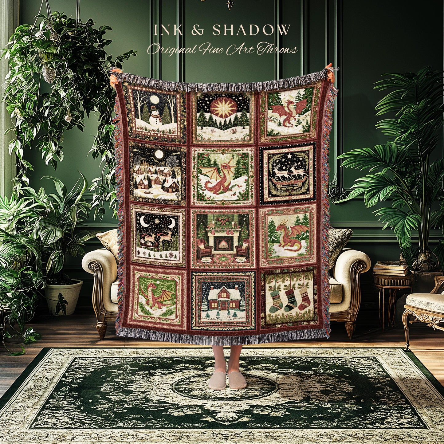 Enchanted Festive Dragon Blanket | Cozy Holiday Cottagecore Decor Boho Whimsical Reindeer Woven Tapestry Nostalgic Seasonal Home Accent |