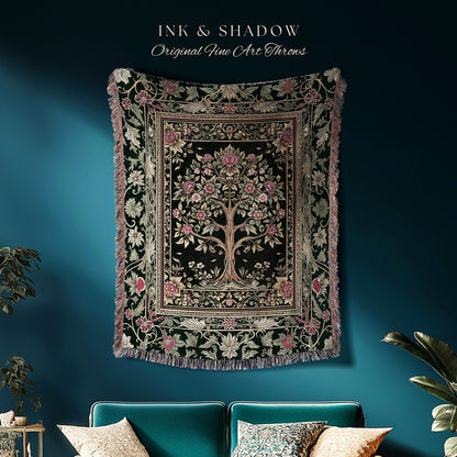 Rosy Botanical Rustic Tree Throw Blanket Woven Cotton Wall Tapestry