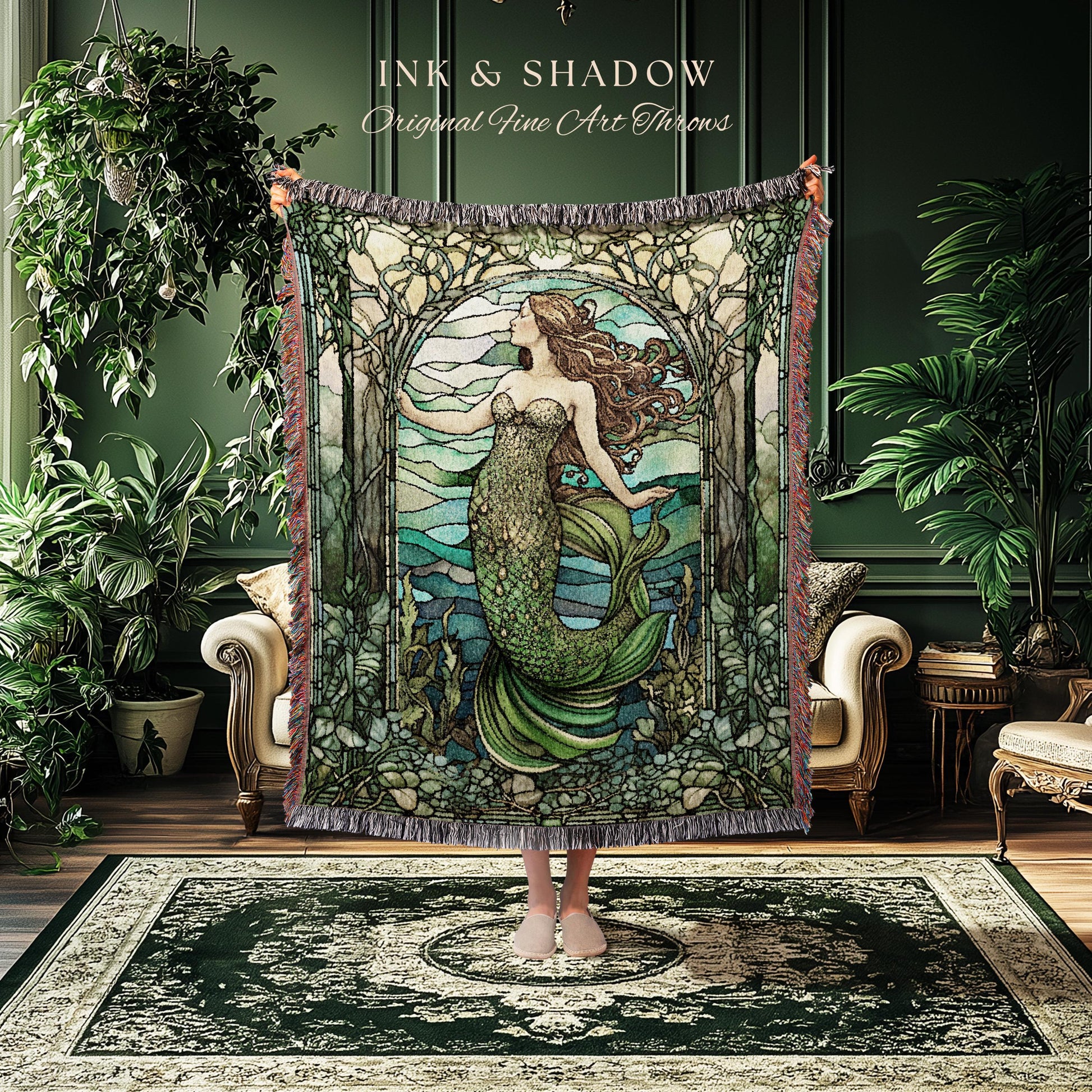 Art Nouveau Mermaid Blanket | Celestial Mermaid Dark Cottagecore Decor Art Nouveau Tapestry Woven Blanket Mermaidcore Decor Stained Glass |