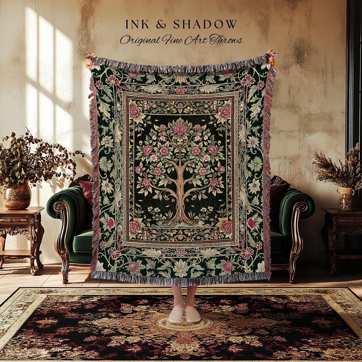 Rosy Botanical Rustic Tree Throw Blanket Woven Cotton Wall Tapestry