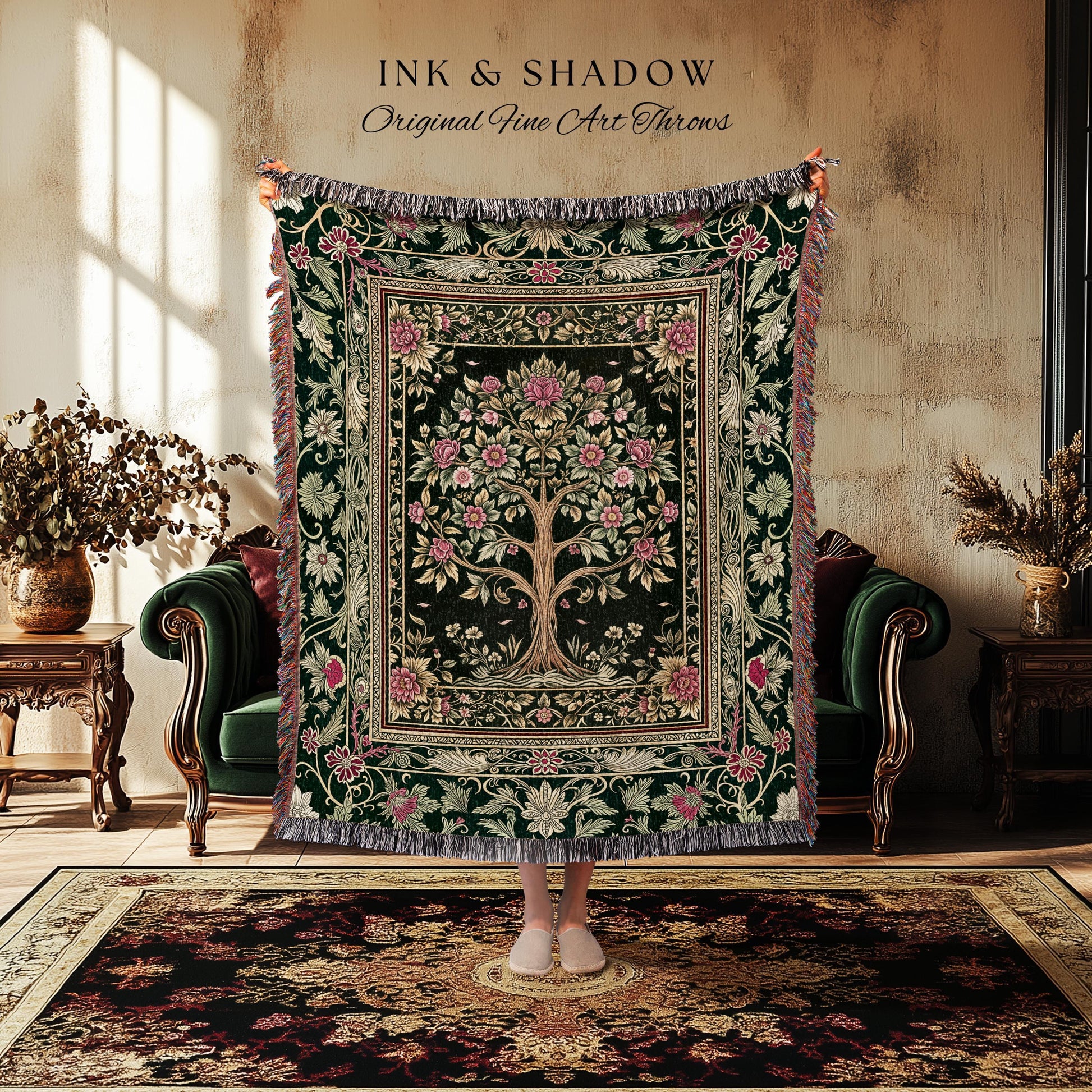 Rosy Botanical Rustic Tree Throw Blanket Woven Cotton Wall Tapestry
