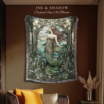Art Nouveau Mermaid Blanket | Celestial Mermaid Dark Cottagecore Decor Art Nouveau Tapestry Woven Blanket Mermaidcore Decor Stained Glass |