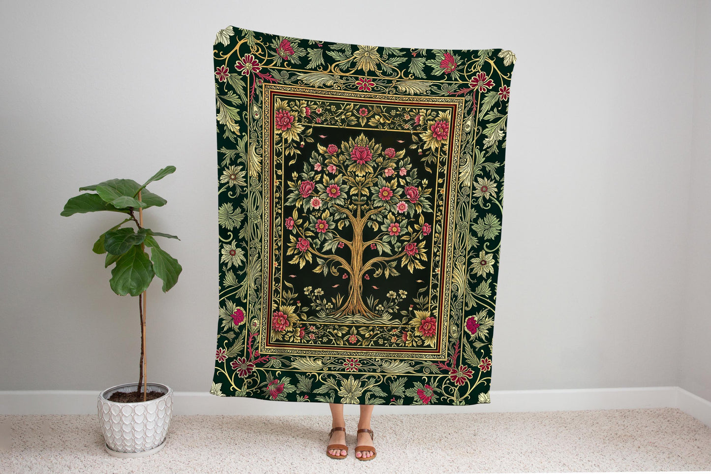 Rosy Botanical Rustic Tree Throw Blanket Woven Cotton Wall Tapestry