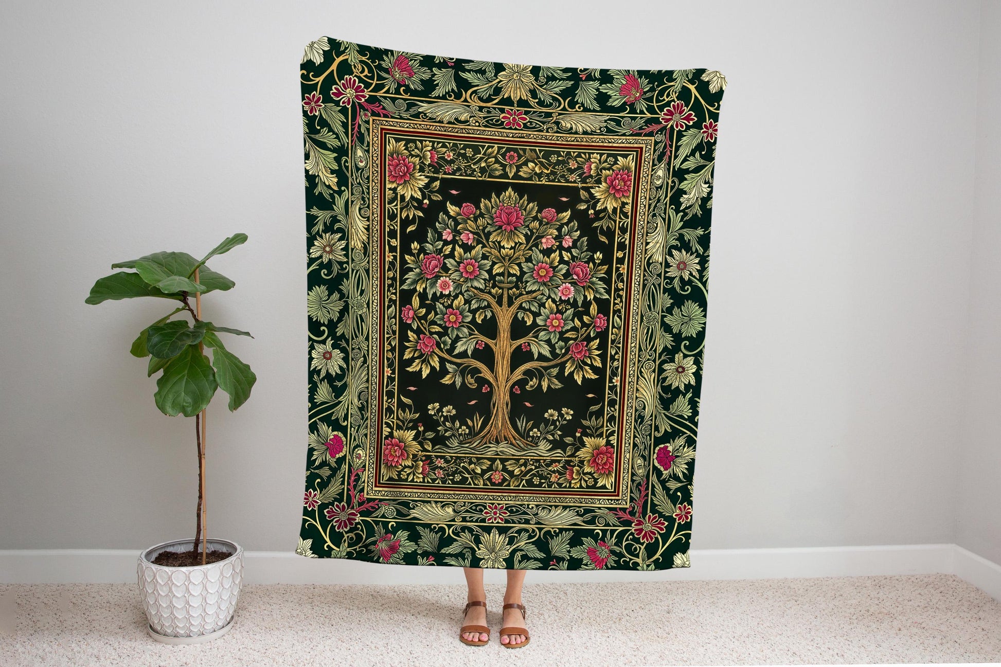 Rosy Botanical Rustic Tree Throw Blanket Woven Cotton Wall Tapestry