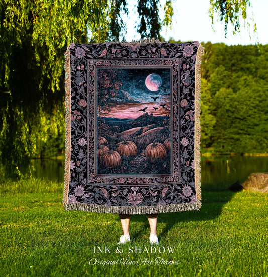 Whimsigothic Raven Full Moon Pumpkins Woven Throw | Dreamy Aesthetic Fall Vibes Witchy Dark Academia Tapestry Baroque Spooky Season Decor