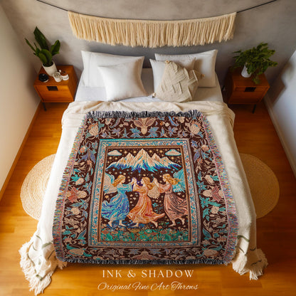 Spring Goddesses Wildflower Fairy Blanket | Medieval Academia Woven Tapestry Dark Cottagecore Dreamy Ethereal Fairytale Throw Fairycore Home
