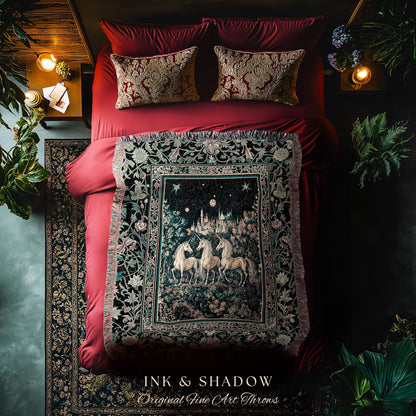 Mystic Academia Unicorn Wall Tapestry | Dark Victorian Gothic Floral Landscape Magical Elegance Woven Throw Blanket Storybook Fairytale Art