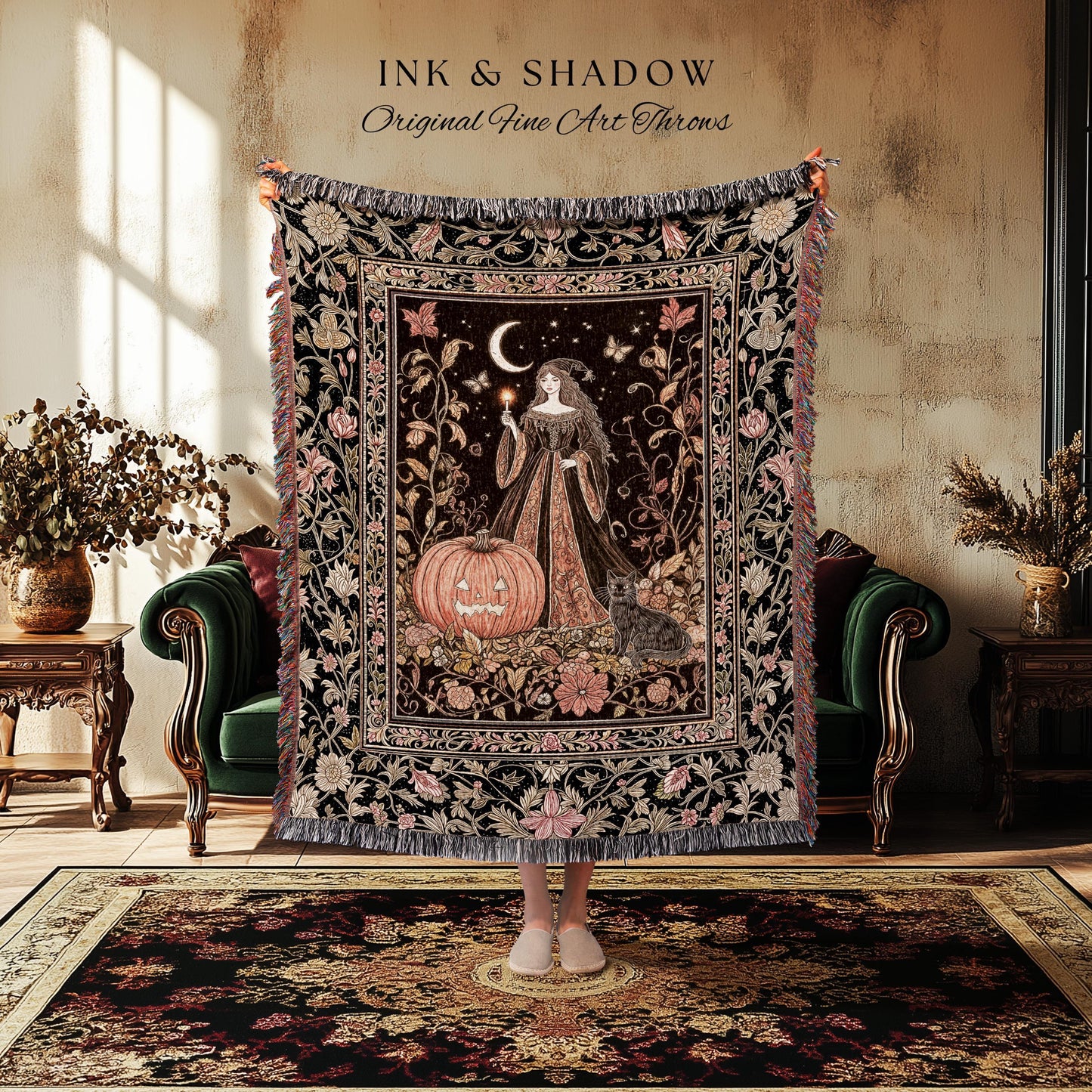Midnight Sorcery Pumpkin Witch Blanket | Medieval Aesthetic Bohemian Halloween Woven Throw Gothic Wall Tapestry Folklore Black Cat Decor |