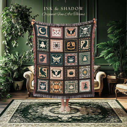 Retro Whimsigothic Spooky Throw Cute | Dark Academia Blanket Boho Halloween Tapestry Whimsigothic Pumpkin Season Aesthetic Gift for Goths