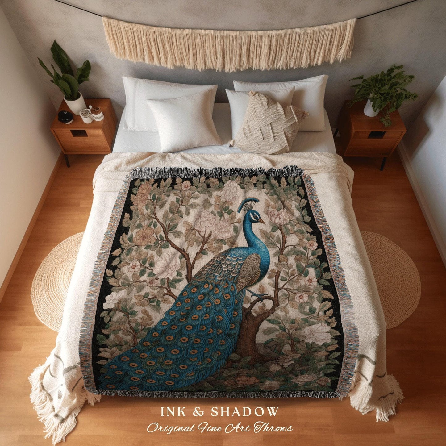 Victorian Gothic Peacock Tapestry | Maximalist Fairy Core Room Decor Woven Blanket William Morris Style Pastel Goth Peacock Throw Blanket