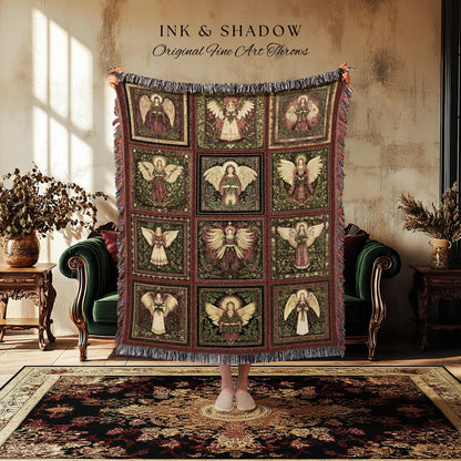 Rustic Angels Eclectic Woven Tapestry | Festive Holy Night Throw Blanket Vintage Aesthetic Whimsical Fairies Elegant Celestial Spirits Gift