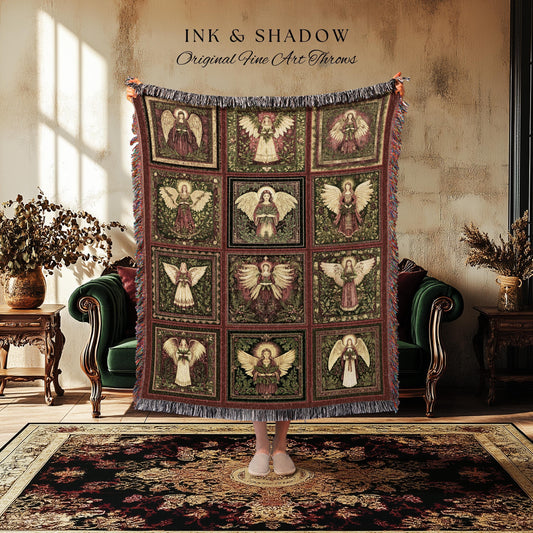 Rustic Angels Eclectic Woven Tapestry | Festive Holy Night Throw Blanket Vintage Aesthetic Whimsical Fairies Elegant Celestial Spirits Gift