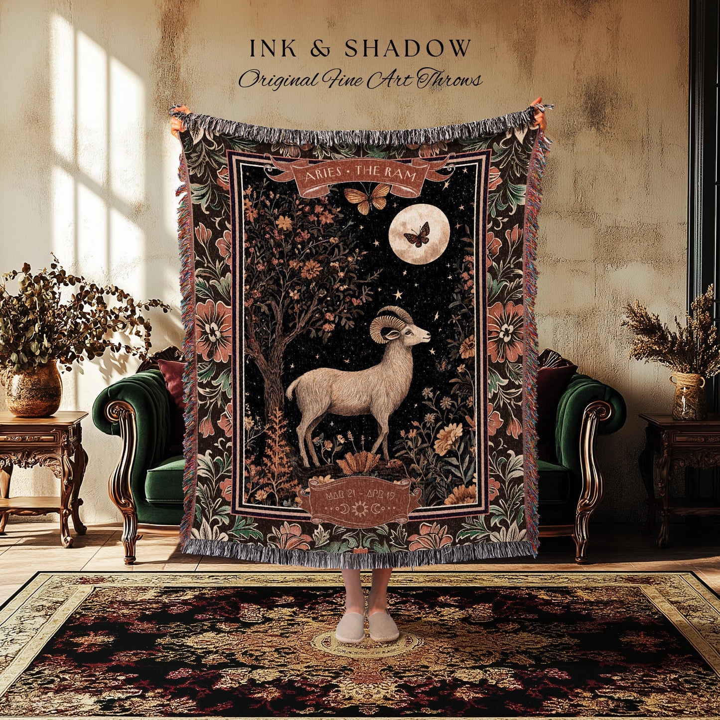 Celestial Aries Zodiac Blanket The Ram Constellation Tapestry | Victorian Gothic Star Sign Decor Astrology Gift Fire Sign Birthday Throw Art