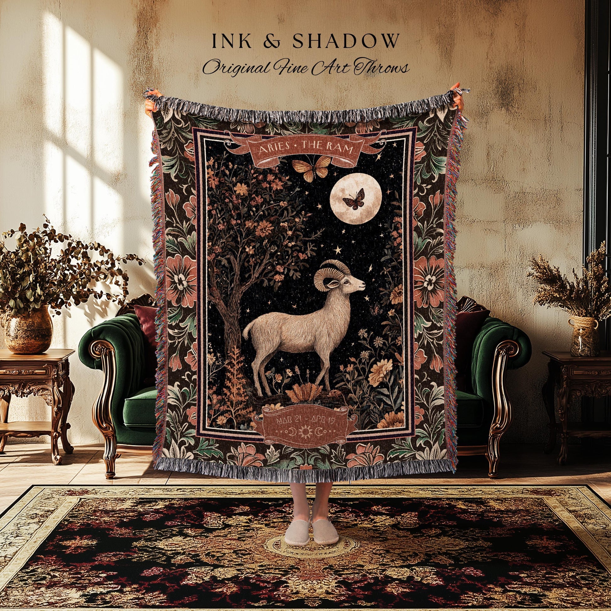 Celestial Aries Zodiac Blanket The Ram Constellation Tapestry | Victorian Gothic Star Sign Decor Astrology Gift Fire Sign Birthday Throw Art