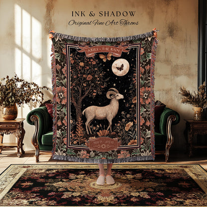 Celestial Aries Zodiac Blanket The Ram Constellation Tapestry | Victorian Gothic Star Sign Decor Astrology Gift Fire Sign Birthday Throw Art
