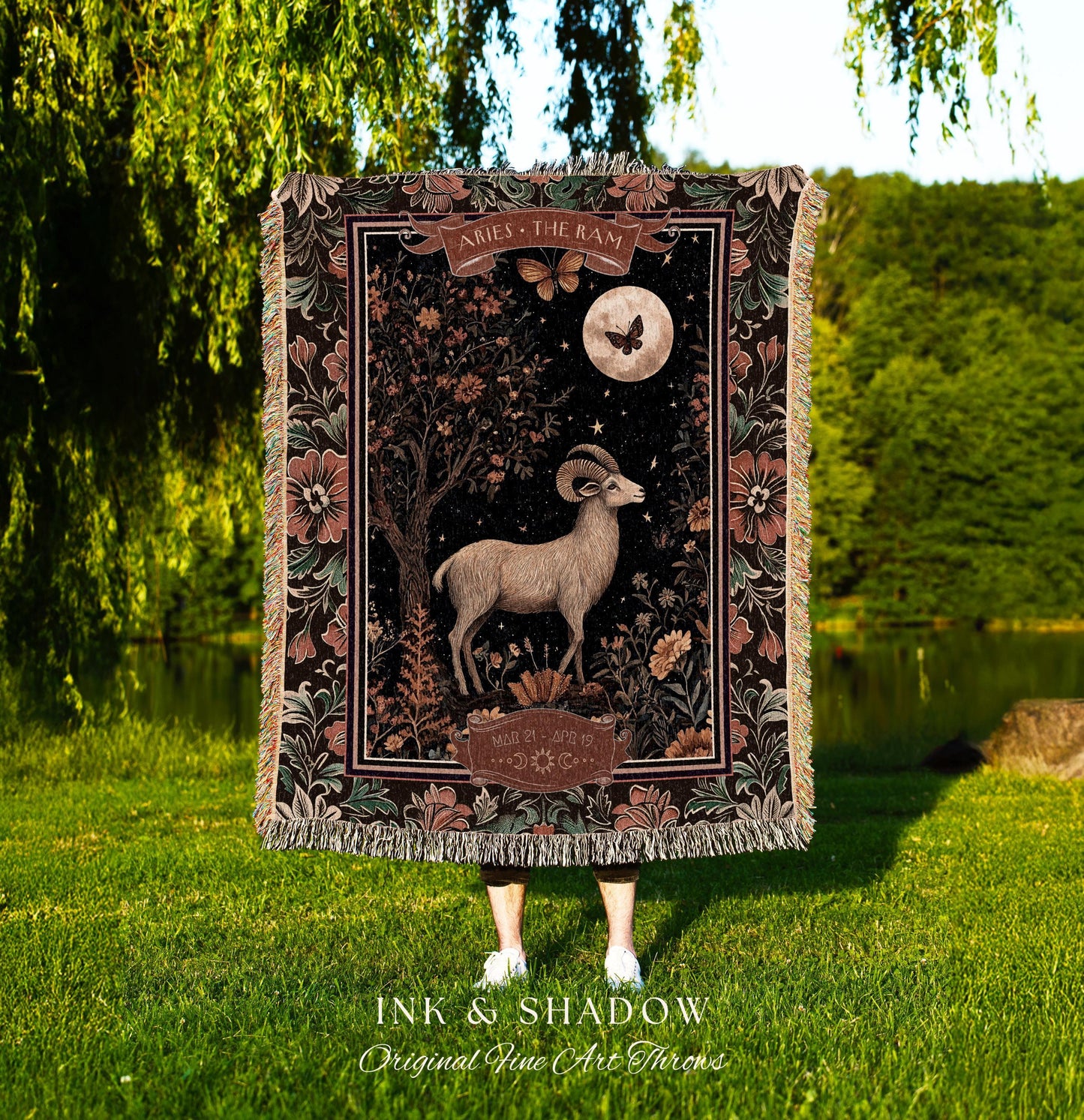 Celestial Aries Zodiac Blanket The Ram Constellation Tapestry | Victorian Gothic Star Sign Decor Astrology Gift Fire Sign Birthday Throw Art